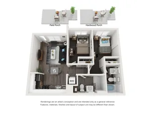 Contemporary 3D floor plan showcasing 2 bedrooms, a stylish living area, modern kitchen, and dual porches.
