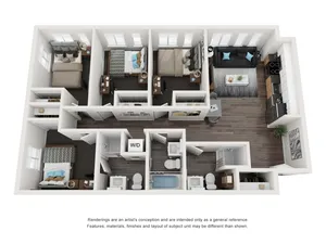 Modern 3D floor plan showcasing three stylish bedrooms, an elegant living area, sleek kitchen, and convenient laundry space.