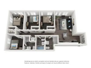 Modern 3D floor plan showcasing three bedrooms, elegant open living space, and convenient kitchen layout with wood flooring.
