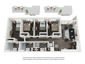 Contemporary 3D floor plan showcasing 3 cozy bedrooms, a stylish open-plan living area, and a sleek kitchen, complete with dual porches for outdoor relaxation.