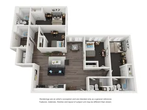 Modern 3D floor plan showcasing a stylish apartment with three bedrooms, two bathrooms, spacious living area, and a contemporary kitchen.