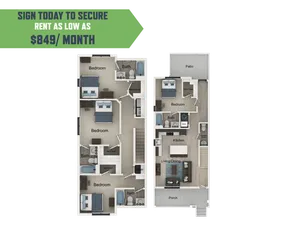 Modern apartment floor plan showcasing three bedrooms, a spacious kitchen, living and dining area, two baths, and a patio. Affordable luxury starting at $849/month.