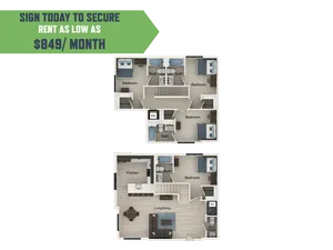 Modern two-story floor plan showcasing three cozy bedrooms, a sleek kitchen, and an inviting living/dining area with affordable rent as low as $849 per month.