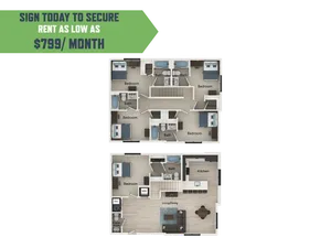 Contemporary two-story floor plan showcasing three bedrooms, modern kitchen, and open living/dining area. Secure your space for just $799/month!