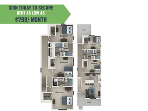 Chic apartment floor plan with three spacious bedrooms, modern kitchen, open living/dining area, and inviting porch. Ideal for comfortable living starting at $799/month.