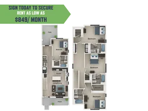 Modern floor plan highlighting comfortable living with three bedrooms, an open-concept kitchen and living area, patio and porch, available at an attractive rent of $849/month.
