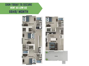 Charming floor plan featuring 3 bedrooms, modern kitchen, and open living/dining area with porch access, available for rent as low as $849/month.