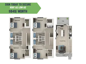 Modern two-story floor plan with 3 spacious bedrooms, 2.5 luxurious baths, an inviting open-concept kitchen, and a cozy living/dining area leading to a charming patio and porch. Affordable rent starting at $849 per month.