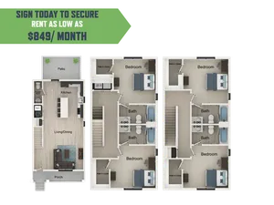 Contemporary floor plan showcasing dual-level design with spacious kitchen, open living/dining area, three cozy bedrooms, and two modern bathrooms. Includes private patio, ideal for affordable living at $849/month.