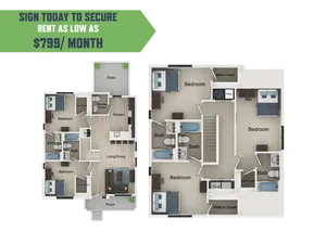 Inviting floor plan showcasing three spacious bedrooms, modern kitchen, and a cozy living/dining area with patio access. Affordable luxury at just $799/month.