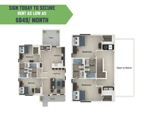 Modern two-story floor plan offering 3 bedrooms, spacious living/dining area, and an open kitchen with patio access. Sign today to secure rent as low as $849/month.