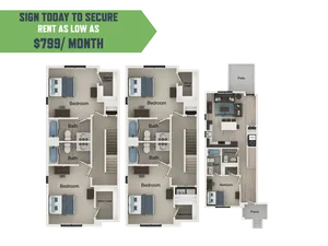 Charming apartment floor plan featuring three spacious bedrooms, two modern baths, and an inviting living/dining area with patio access. Secure this comfortable space for as low as $799/month.