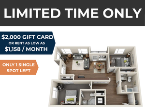 Charming 3D apartment layout featuring 2 bedrooms, modern kitchen, and cozy living space. Limited time offer includes $2,000 gift card or low rent of $1,158/month with only one spot left.