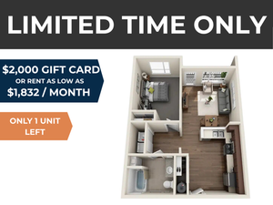 Modern 3D floor plan showcasing a cozy 1-bedroom apartment with open living space, stylish kitchen, and bright lounge area, available for a limited time offer.