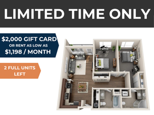 Modern 3D floor plan showcasing 2 bedrooms, stylish living area, and a well-equipped kitchen. Limited time offer with $2,000 gift card or rent starting at $1,198/month. Only 2 units left.