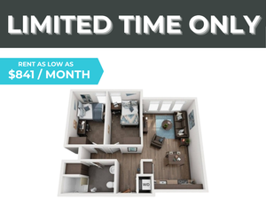 Modern 3D floor plan with two bedrooms, spacious living area, and stylish kitchen, offered at an affordable price of $841 per month for a limited time.