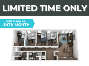 Limited time offer on a modern 3D floor plan featuring 3 bedrooms, cozy living area, and an efficient kitchen layout. Rent as low as $471/month.