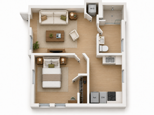 Modern one-bedroom apartment floor plan featuring an open-concept living area, compact kitchen, and private bath, perfectly designed for efficient urban living.