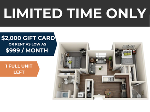Limited time offer 3D floor plan showcasing a modern apartment with 2 cozy bedrooms, open living area, and fully-equipped kitchen, available for rent at $999/month with a $2,000 gift card incentive, only one unit left.