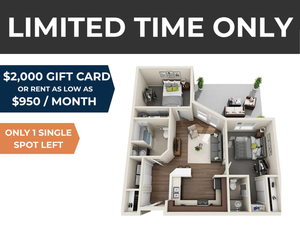 Contemporary 3D floor plan showcasing a stylish apartment with two cozy bedrooms, a modern kitchen, open living area, and patio. Limited time offer includes a $2,000 gift card or rent as low as $950/month. Only one spot left!