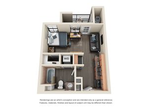 Modern 3D floor plan of a cozy apartment featuring one bedroom, a stylish living area, fully-equipped kitchen, and balcony access.