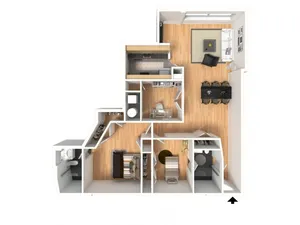 2 bedroom, 2 bathroom apartment with a galley kitchen and large living/ dining space.