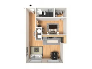 1 bedroom, 1 bathroom apartment with walk in closet and open kitchen to living/ dining space.