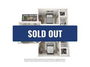 Modern 3D apartment layout showcasing 2 cozy bedrooms, sleek bathrooms, and a charming balcony now sold out.