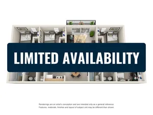 3D floor plan showcasing a modern apartment with 3 bedrooms, a cozy living area, sleek kitchen, and private balcony, marked \'Limited Availability\'.