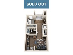 Cozy 3D floor plan showcasing a one-bedroom apartment with an open living and dining area, modern kitchen, and convenient laundry space. Bright layout with balcony access.