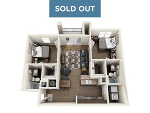 Modern 3D apartment floor plan showcasing 2 bedrooms, 2 bathrooms, and a cozy living area with an open kitchen layout, marked as sold out.