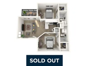 Modern floor plan featuring 2 bedrooms, 2 bathrooms, a cozy living area, and a stylish open kitchen with a balcony. Sold Out.