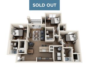 Elegant 3D floor plan showcasing 3 cozy bedrooms, modern living room, and a fully equipped kitchen with dining area, all sold out.