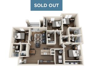 Modern 3D floor plan featuring three bedrooms, a spacious living area, and a contemporary kitchen, all beautifully arranged with stylish decor. SOLD OUT.