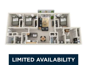 Charming 3D floor plan showcasing 3 cozy bedrooms, an inviting open-concept living area, and a modern kitchen. Limited availability.