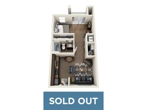 Charming 3D apartment floor plan illustrating 1 bedroom, spacious living area, modern kitchen, and elegant bathroom. Sold Out.