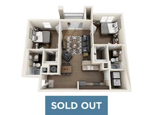 Modern 3D floor plan featuring two cozy bedrooms, an inviting living room, and a stylish kitchen, showcasing optimized space and contemporary design.