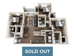 Modern 3D floor plan featuring 3 bedrooms, cozy living area, stylish kitchen, and two bathrooms, now sold out.