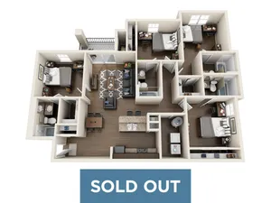 Modern 3D floor plan of a spacious apartment featuring three bedrooms, two bathrooms, an open-concept kitchen, and a cozy living area. Sold out.