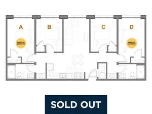 Contemporary floor plan showcasing 4 premium bedrooms, open living space, and modern amenities, now sold out.
