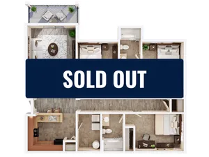 Chic 3D floor plan showcasing 2 bedrooms, a stylish living area, modern kitchen, and inviting balcony. Sold out.