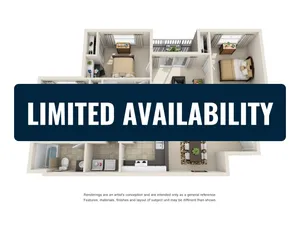 Contemporary 2D floor plan highlighting a modern layout with 2 cozy bedrooms, open living area, and functional kitchen, labeled \'Limited Availability\'.