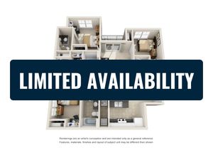 Charming 3D floor plan of a spacious apartment with 3 bedrooms, modern kitchen, and cozy living area, featuring \'Limited Availability\' notification.