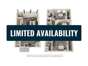 Spacious 3D apartment floor plan showcasing an elegant living area, modern kitchen, and three cozy bedrooms with \'Limited Availability\' prominently displayed.