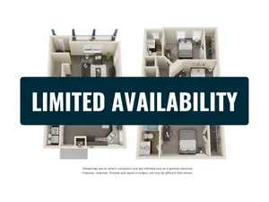 Modern open-concept apartment floor plan featuring two cozy bedrooms, a stylish living room, and a functional kitchen. Limited availability.