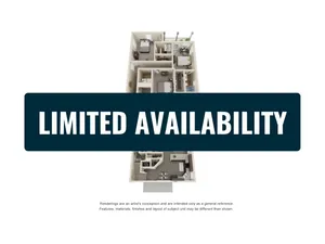 Sleek 3D floor plan featuring a modern layout with 2 bedrooms, 2 bathrooms, and an open-concept living area. Limited availability.