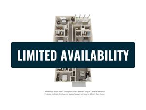 Modern 3D floor plan showcasing 2 bedrooms, cozy living room, and a fully-equipped kitchen, emphasizing limited availability.