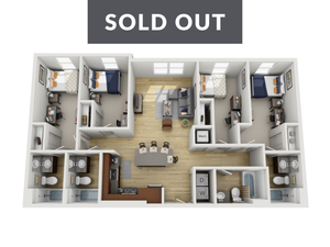 Modern 3-bedroom apartment floor plan with an inviting open-concept living room, sleek kitchen, and two contemporary bathrooms, marked as sold out.
