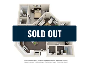 Chic 3D floor plan displaying one-bedroom apartment with an open-concept living area, modern kitchen, and stylish bathroom. Sold Out.