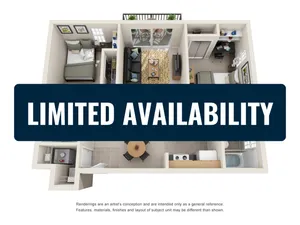 Modern 3D apartment floor plan showcasing two bedrooms, a cozy living area, and a compact kitchen. Highlighted with \'Limited Availability\' for a bustling lifestyle.